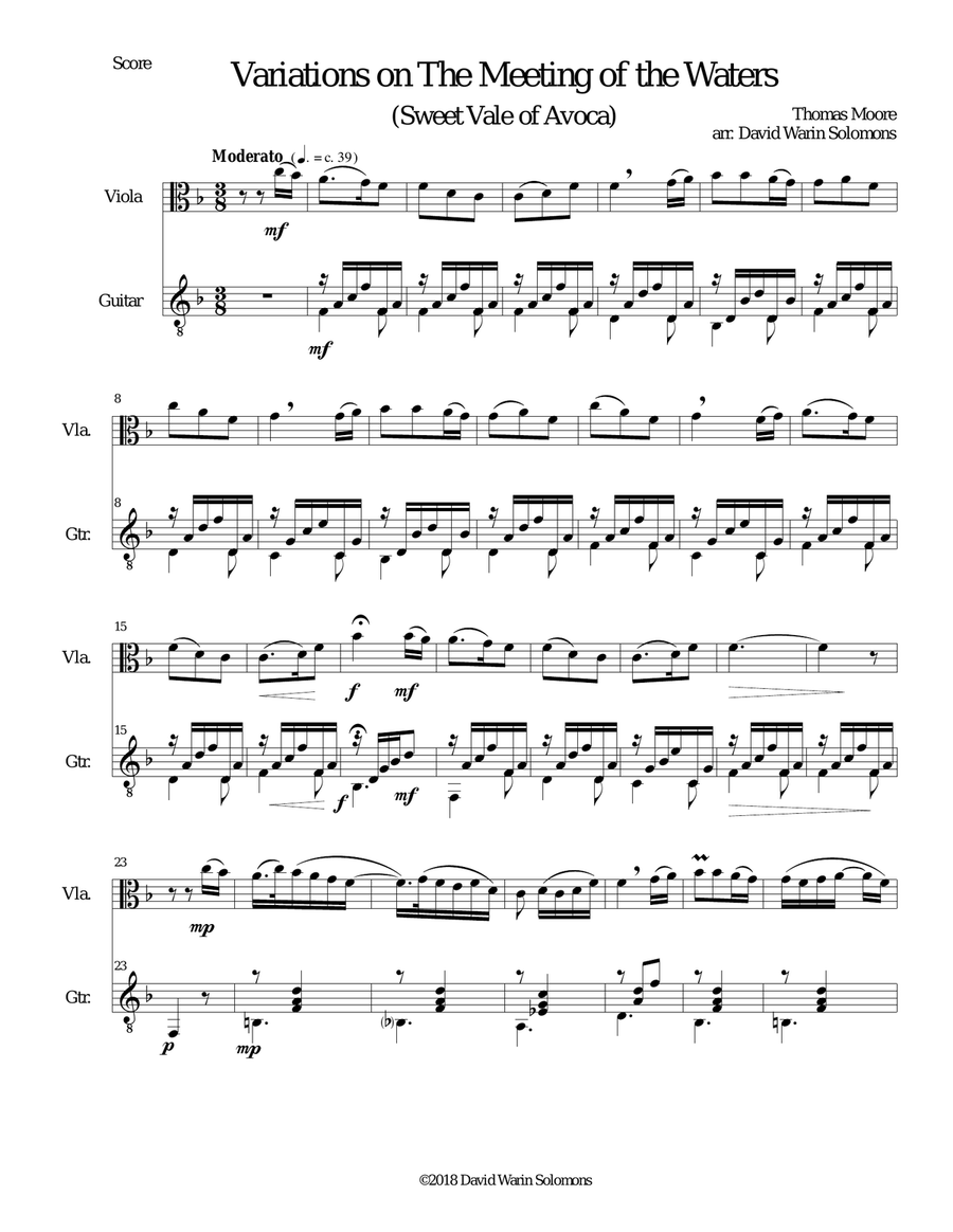 Variations on The meeting of the waters (Sweet Vale of Avoca) for viola and guitar String Duet scores gallery preview page 1
