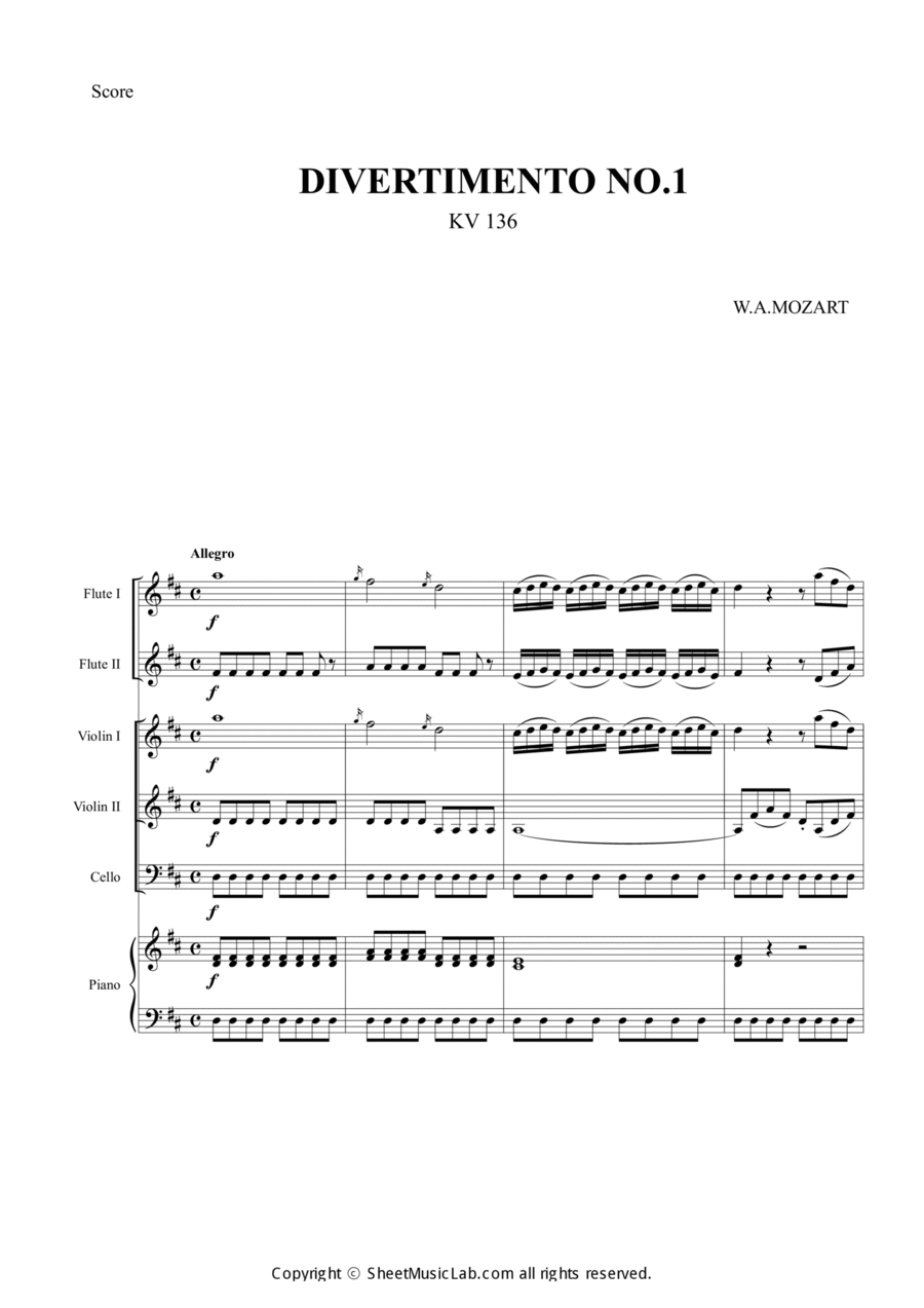 Divertimento K. 136 Divertimento K. 136 Orchestra scores gallery preview page 1