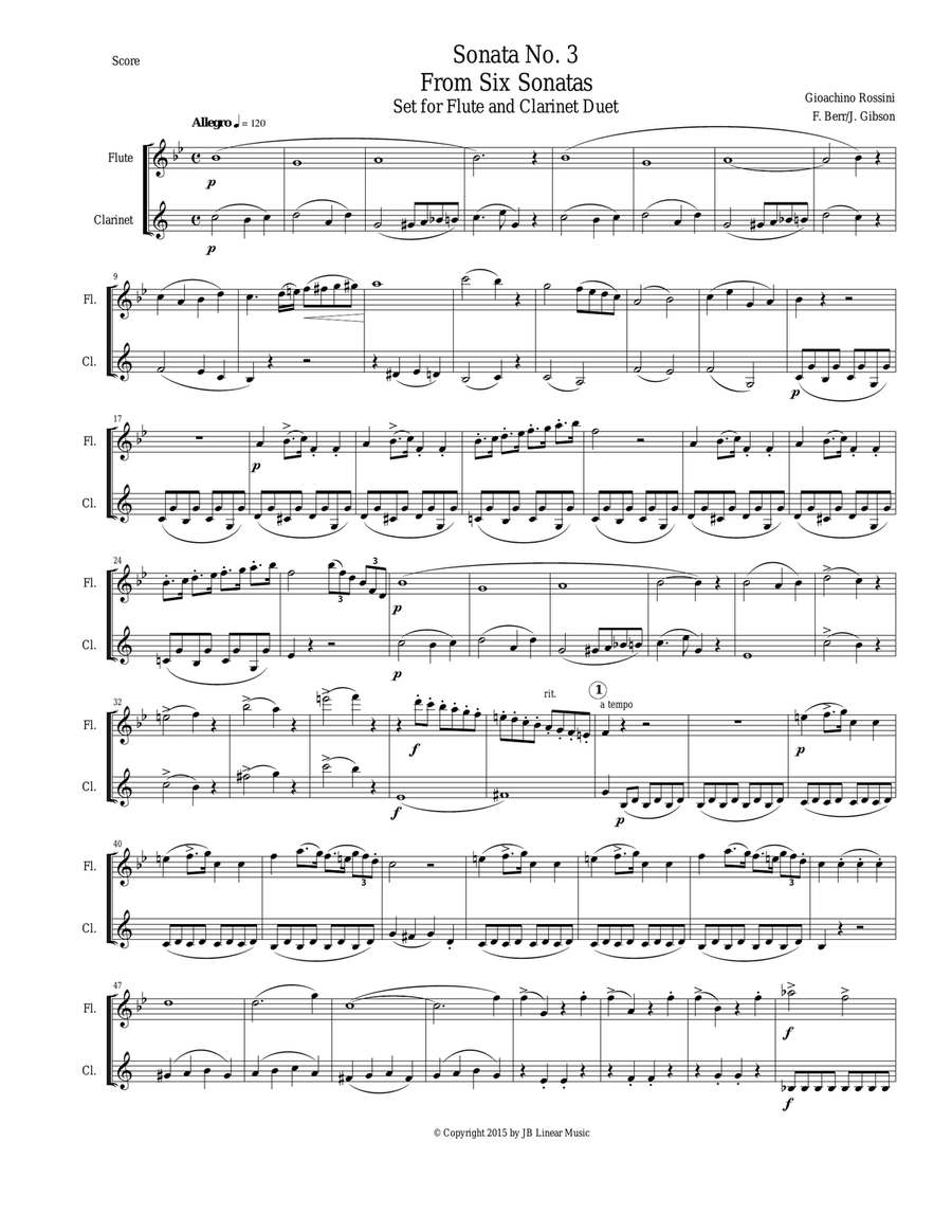 Rossini Sonata #3 for Flute and Clarinet Duet Woodwind Duet scores gallery preview page 3