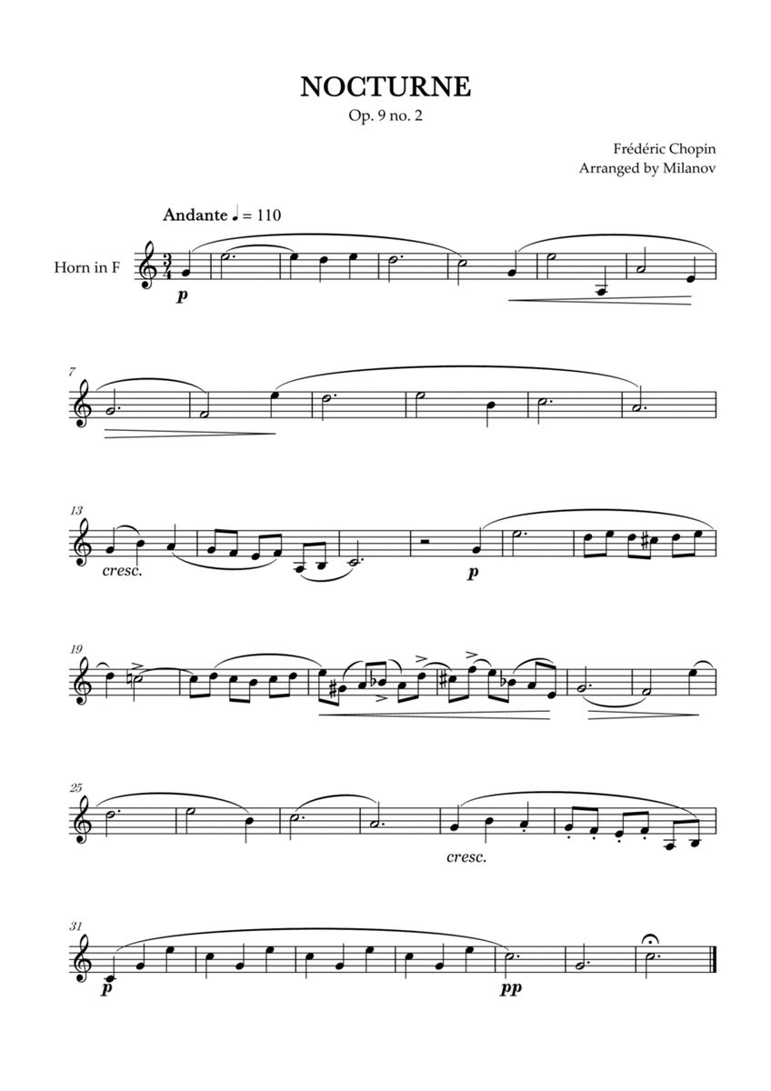 Chopin Nocturne op. 9 no. 2 | Horn in F | F Major | Easy beginner image number null