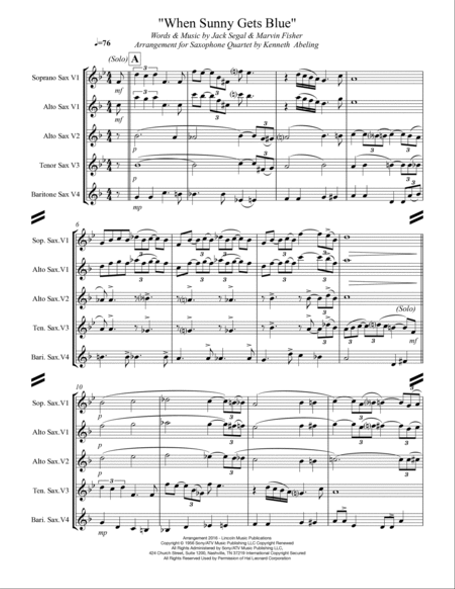 When Sunny Gets Blue Saxophone Quartet scores gallery preview page 2
