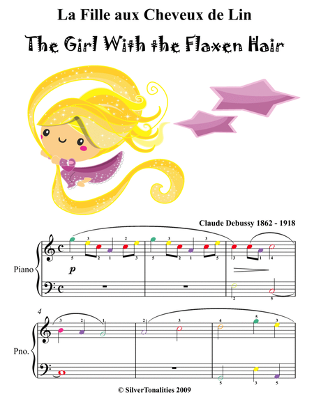 The Girl With the Flaxen Hair La fille aux cheveux de lin Easiest Piano Sheet Music with Colored Not
