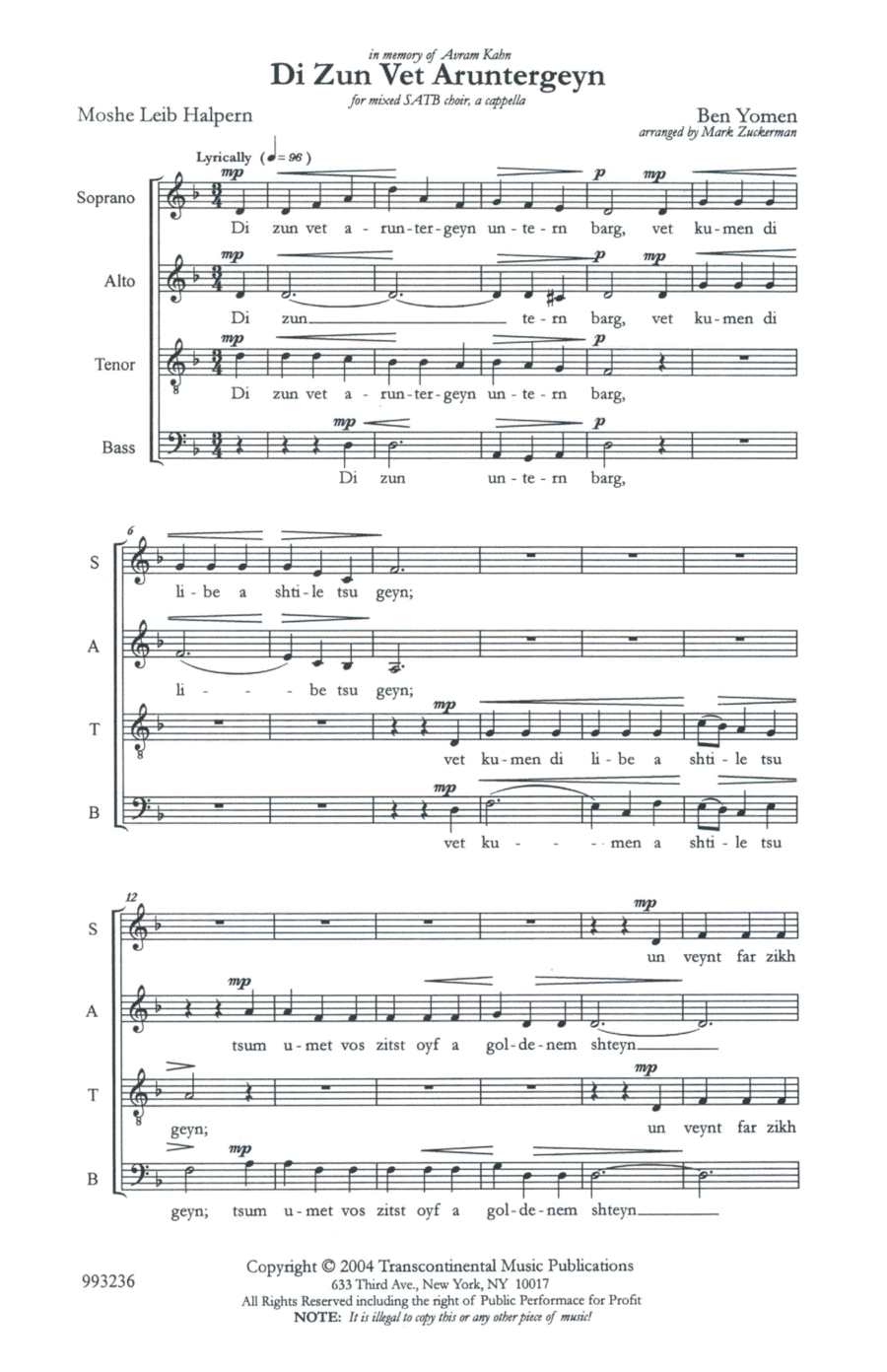 Di Zun Vet Aruntergeyn (The Sun Will Set) (arr. Mark Zuckerman) 4-Part scores gallery preview page 1