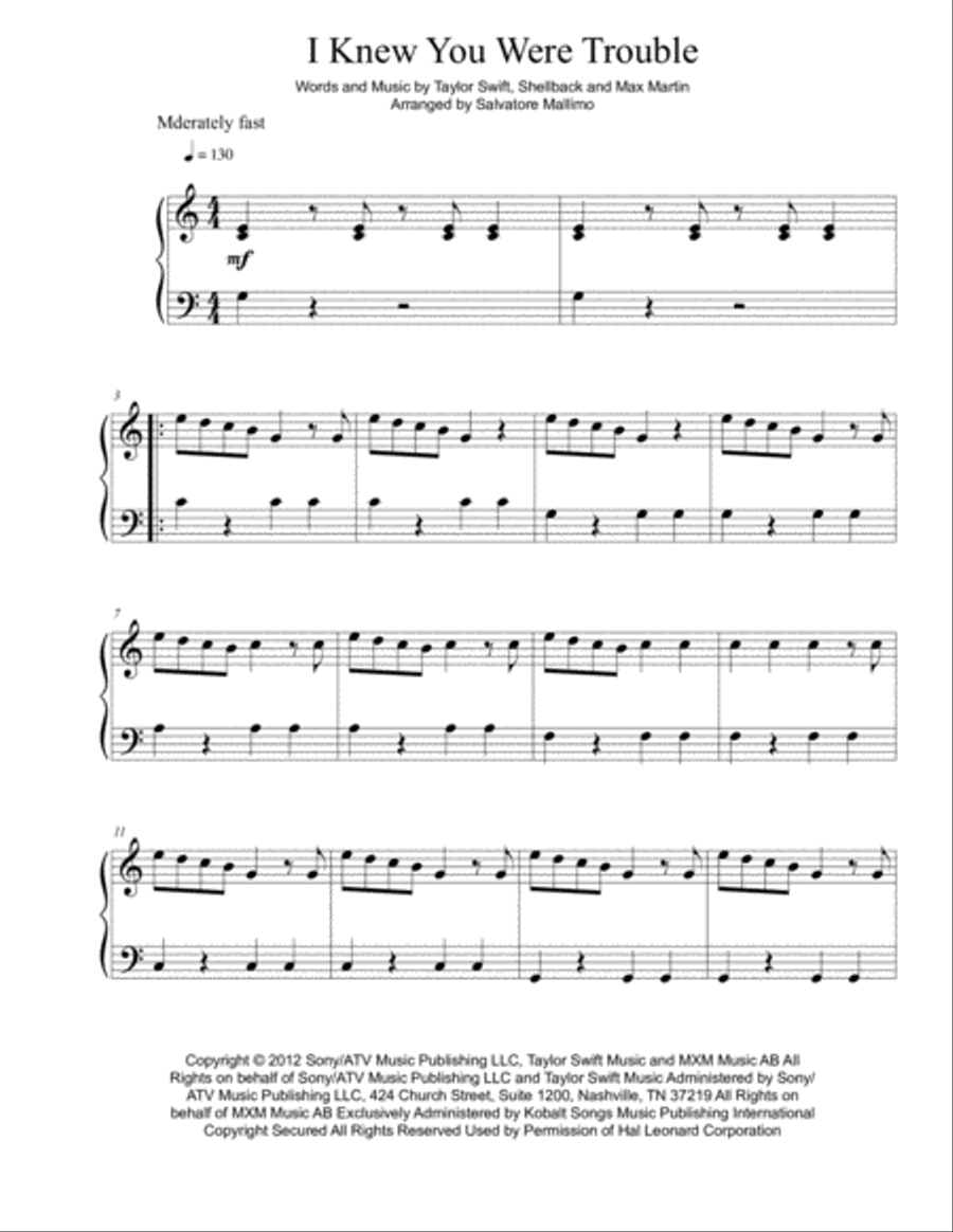 I Knew You Were Trouble Easy Piano scores gallery preview page 1
