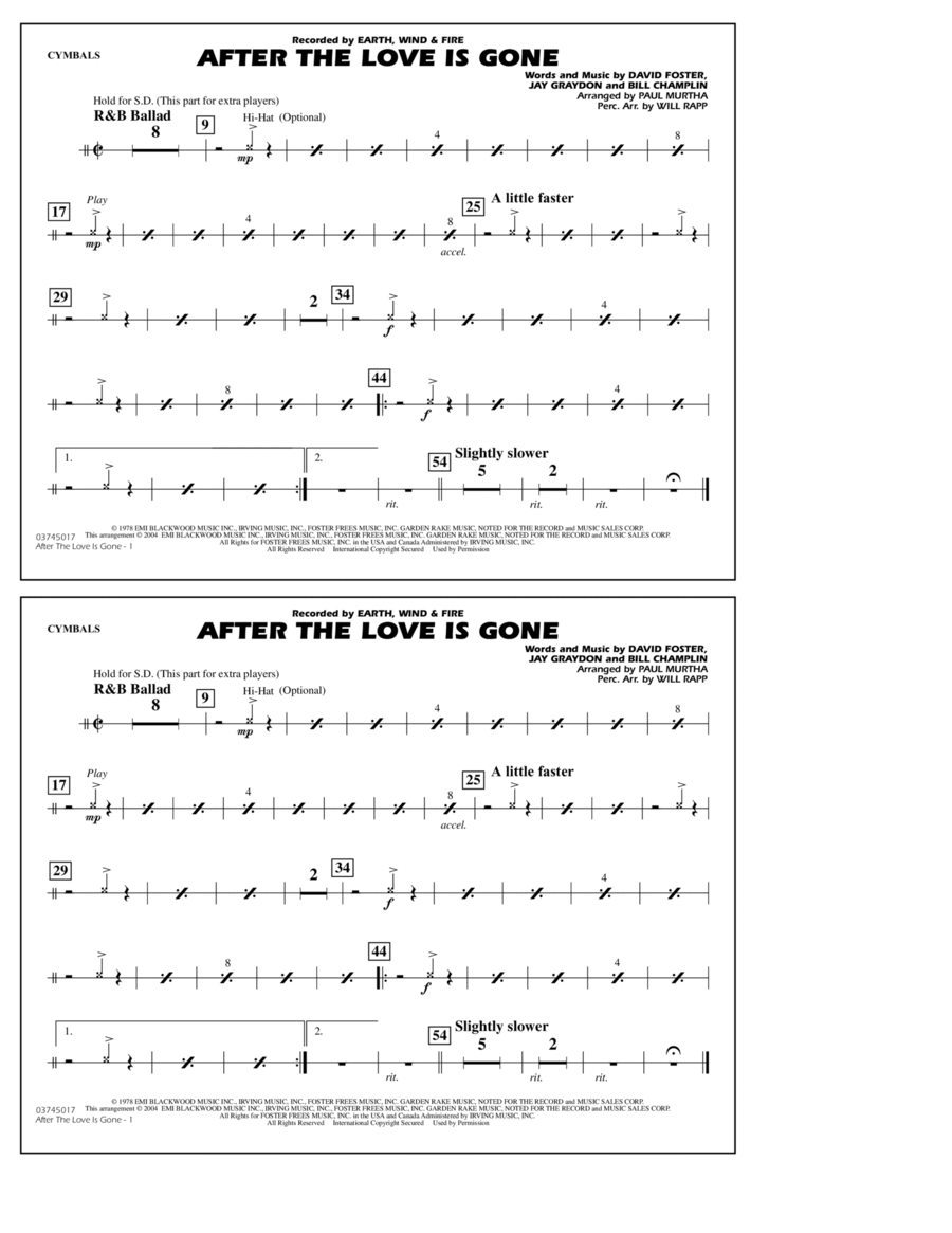 After the Love Has Gone (arr. Paul Murtha) - Cymbals