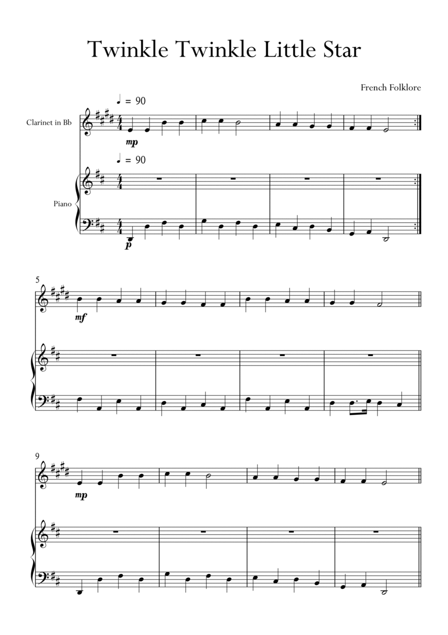 Twinkle Twinkle Little Star for Clarinet and Piano in D Major. Very Easy. Piano, Vocal, Guitar scores gallery preview page 1