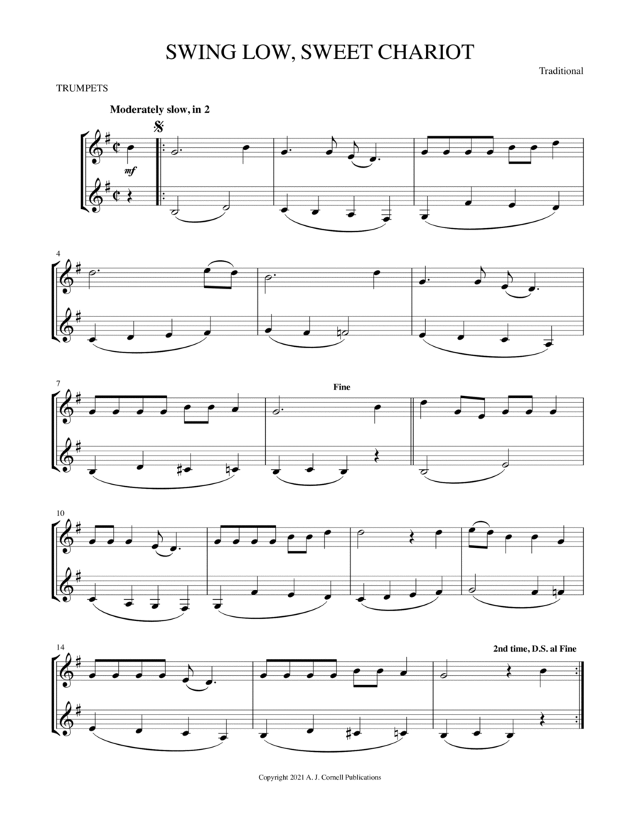 Swing Low, Sweet Chariot Trumpet Duet scores gallery preview page 1