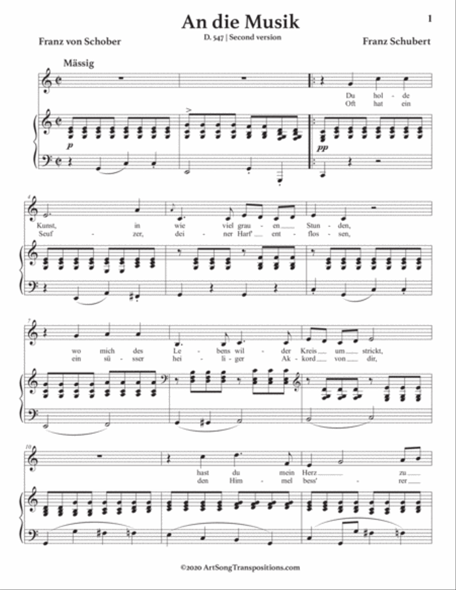 SCHUBERT: An die Musik, D. 547 (transposed to C major) Voice scores gallery preview page 2