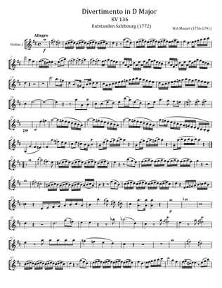 Mozart - Divertimento in D major, K.136/125a - For Violin1 Solo Original