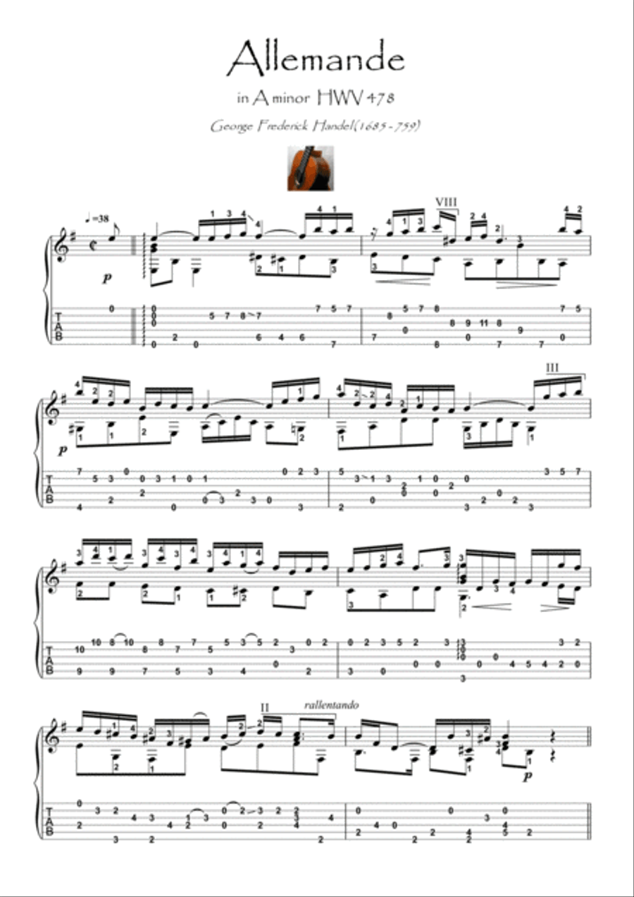 Allemande by Handel guitar solo Acoustic Guitar scores gallery preview page 1