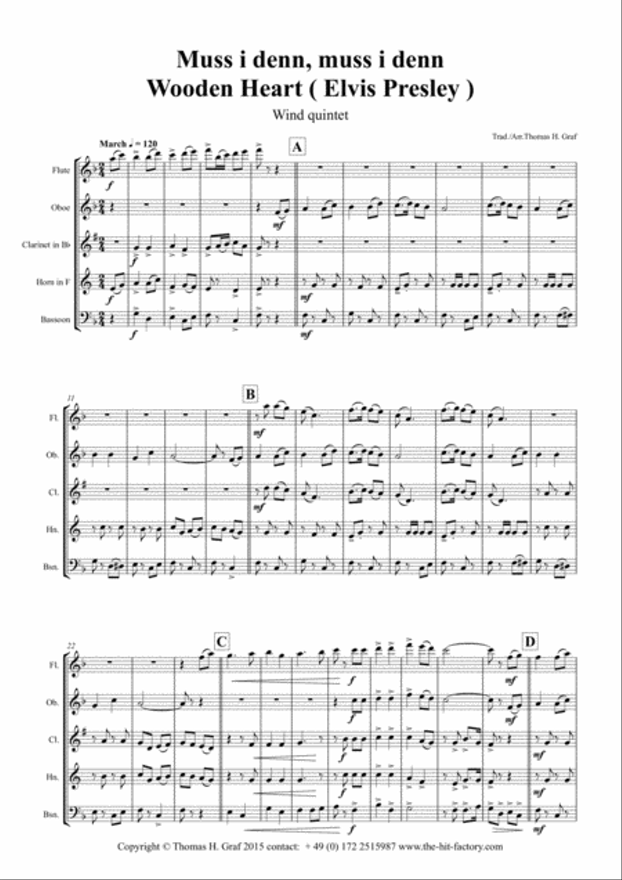 Muss i denn, muss i denn, zum Städele hinaus - Wooden Heart (Elvis Presley) - Wind Quintet Woodwind Quintet scores gallery preview page 2