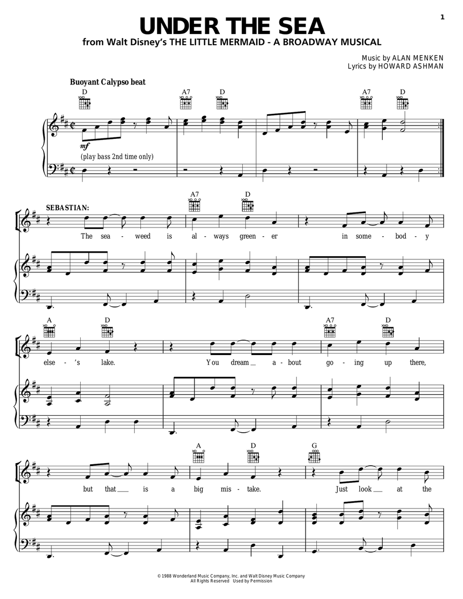 Under The Sea (from The Little Mermaid: A Broadway Musical) Piano, Vocal, Guitar scores gallery preview page 1