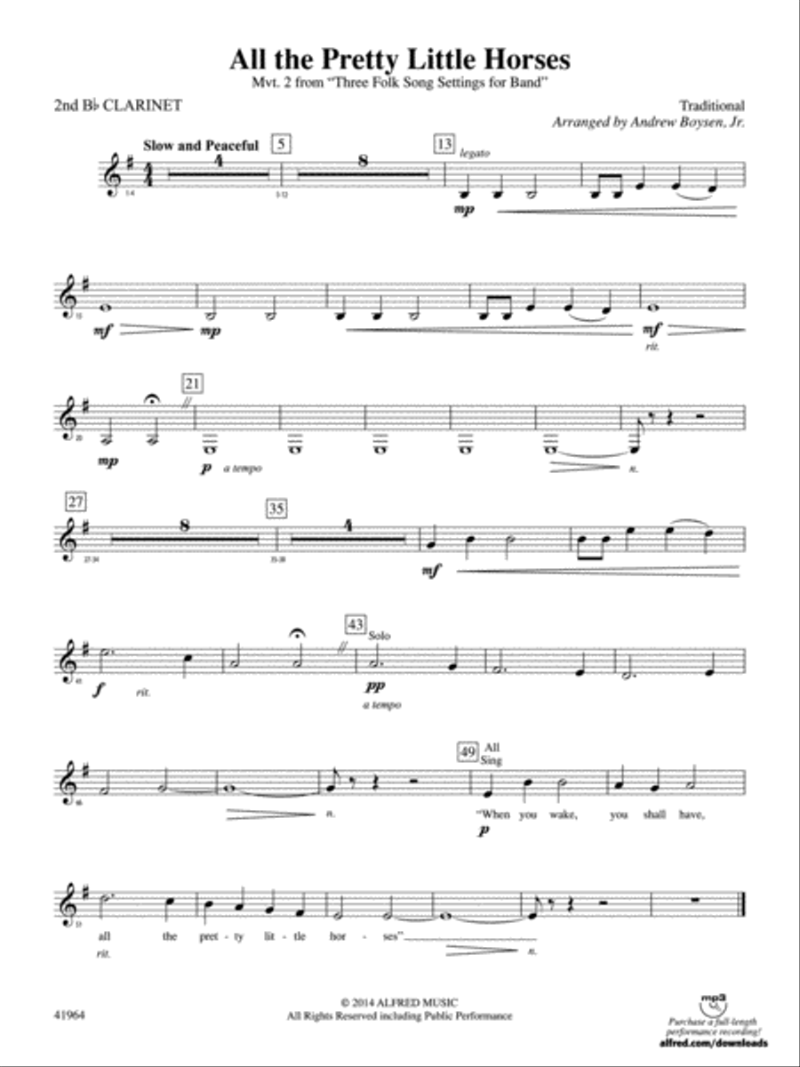 All the Pretty Little Horses: 2nd B-flat Clarinet Concert Band scores gallery preview page 1