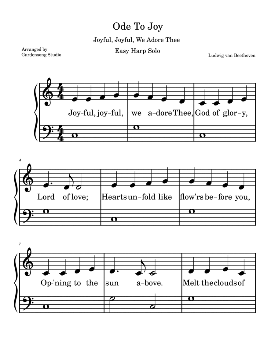 Ode To Joy • Joyful, Joyful, We Adore Thee • Easy Harp Solo • LARGE PRINT Harp scores gallery preview page 1