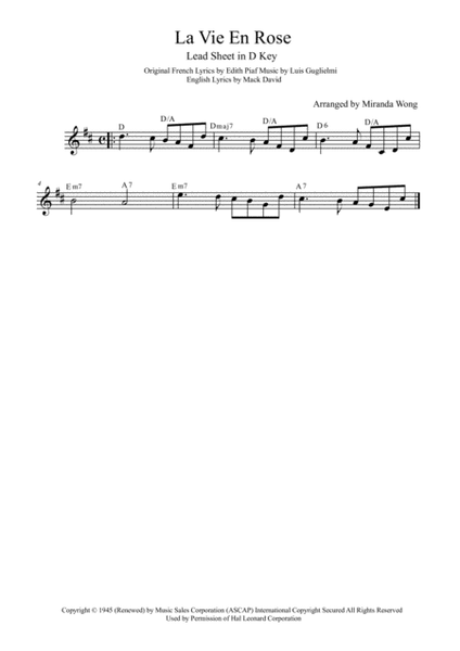 La Vie En Rose - Lead Sheet in D Key (With Chords) image number null