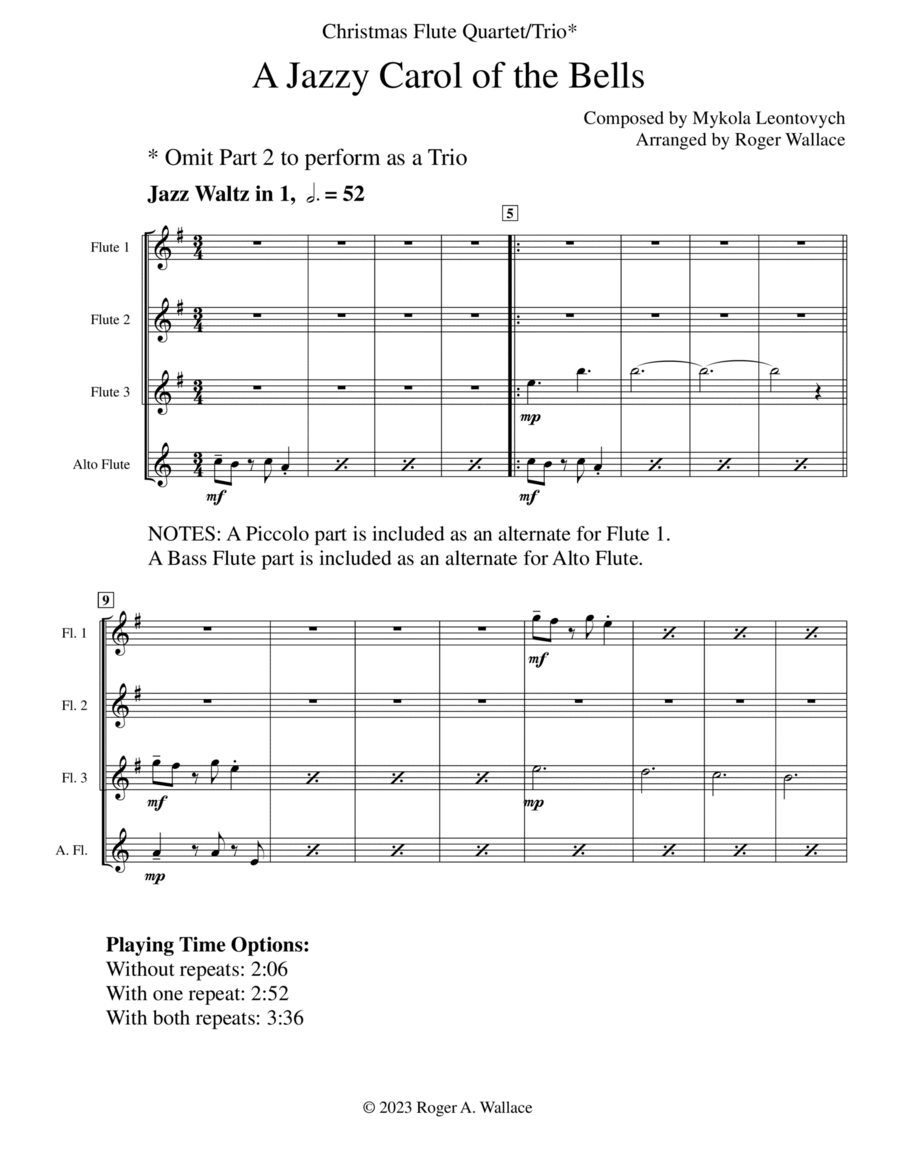 Carol of the Bells (Jazz Waltz for Flute Quartet) Flute Quartet scores gallery preview page 1