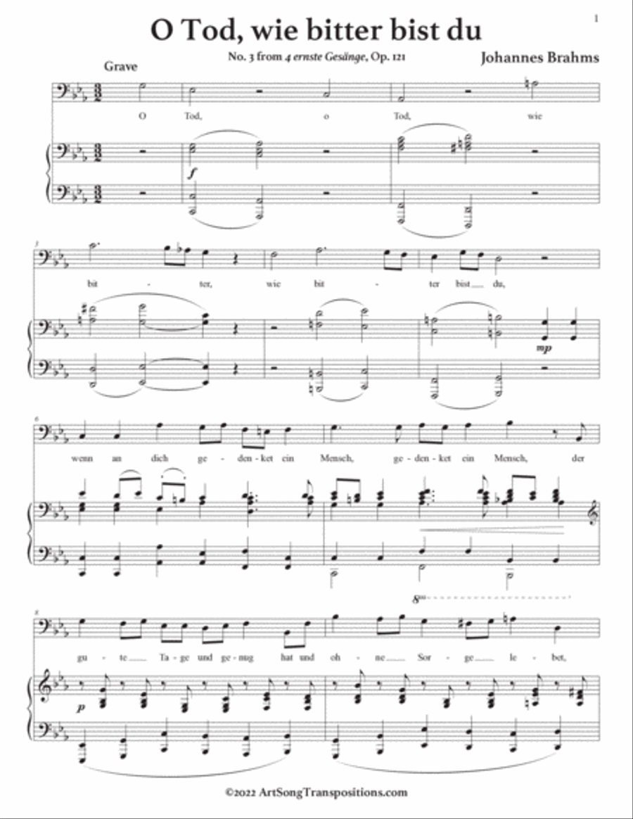 BRAHMS: O Tod, wie bitter bist du, Op. 121 no. 3 (transposed to C minor, bass clef) Voice scores gallery preview page 2