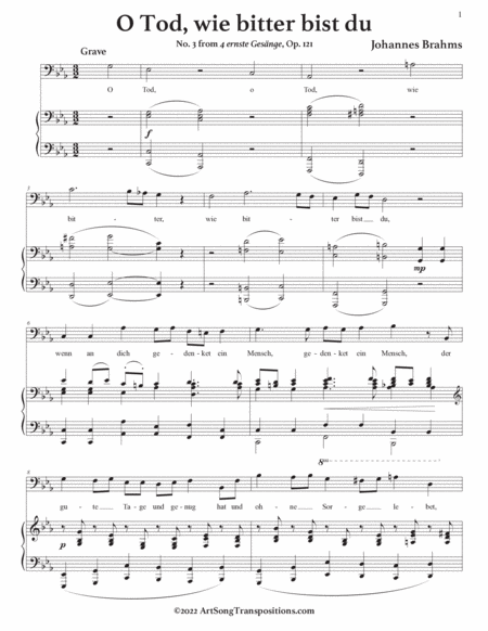 BRAHMS: O Tod, wie bitter bist du, Op. 121 no. 3 (transposed to C minor, bass clef)