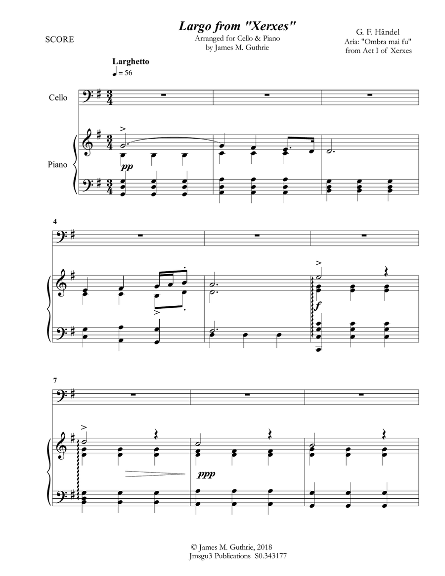 Handel: Largo from Xerxes for Cello & Piano Piano scores gallery preview page 1