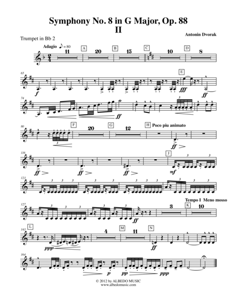 Dvorak Symphony No. 8, Movement II - Trumpet in Bb 2 (Transposed Part), Op. 88