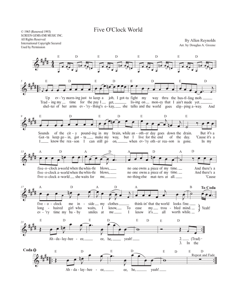 Five O'clock World Piano scores gallery preview page 1