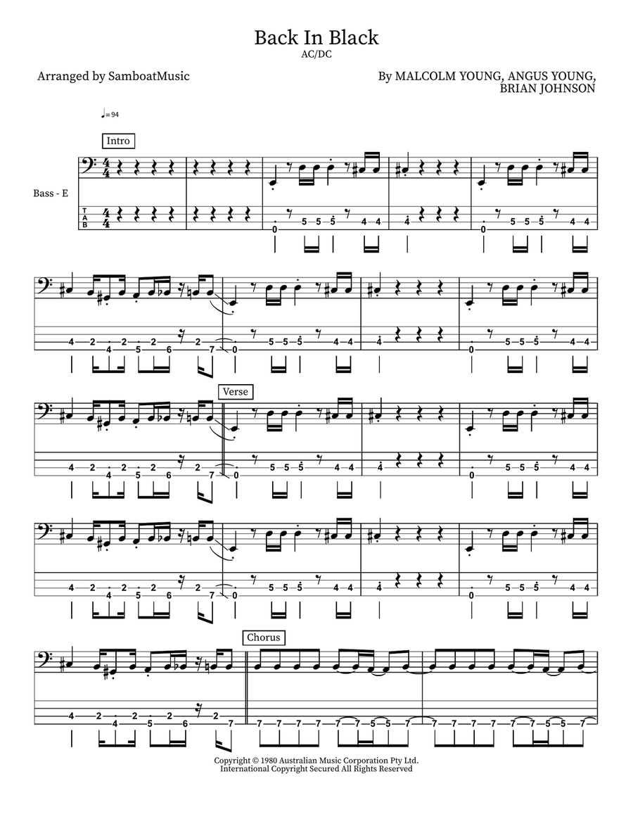 Back In Black Bass Guitar scores gallery preview page 1