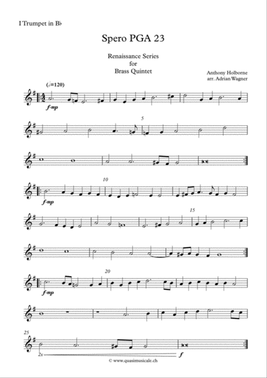 Spero PGA 23 (Anthony Holborne) Brass Quintet arr. Adrian Wagner Brass Quintet scores gallery preview page 6
