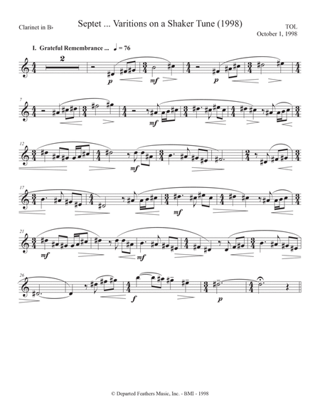 Septet, opus 77 ... Variations on a Shaker Tune (1998) Bb clarinet part