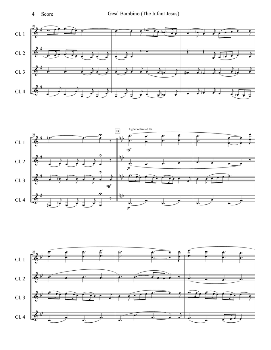Gesu Bambino by Pietro Yon for Clarinet Quartet image number null