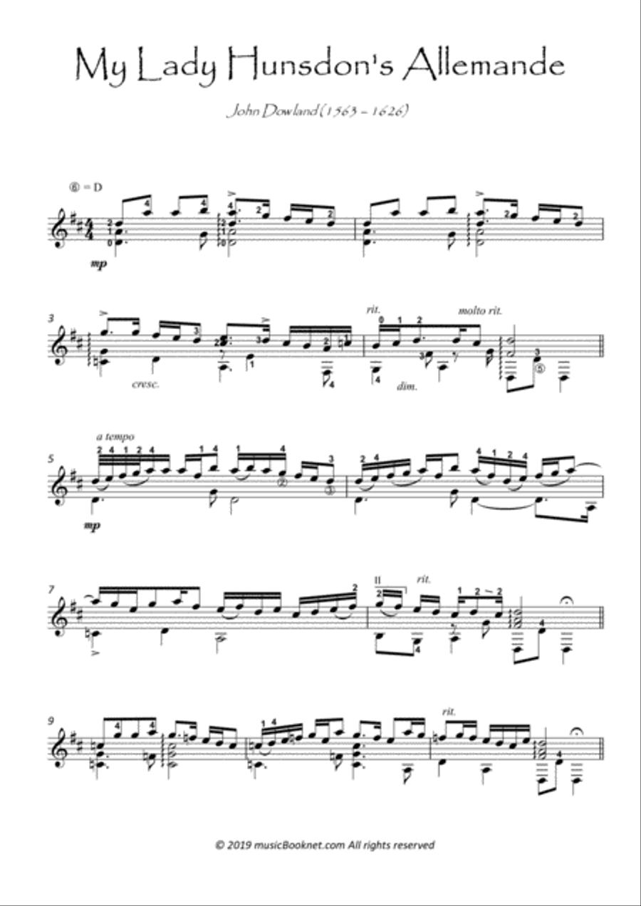 My Lady Hunsdon's by Dowland nt Acoustic Guitar scores gallery preview page 1