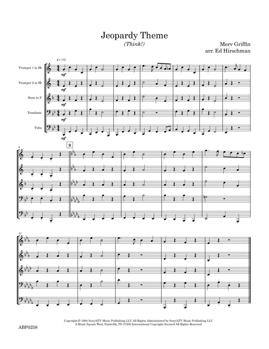Jeopardy Theme Brass Quintet scores gallery preview page 1