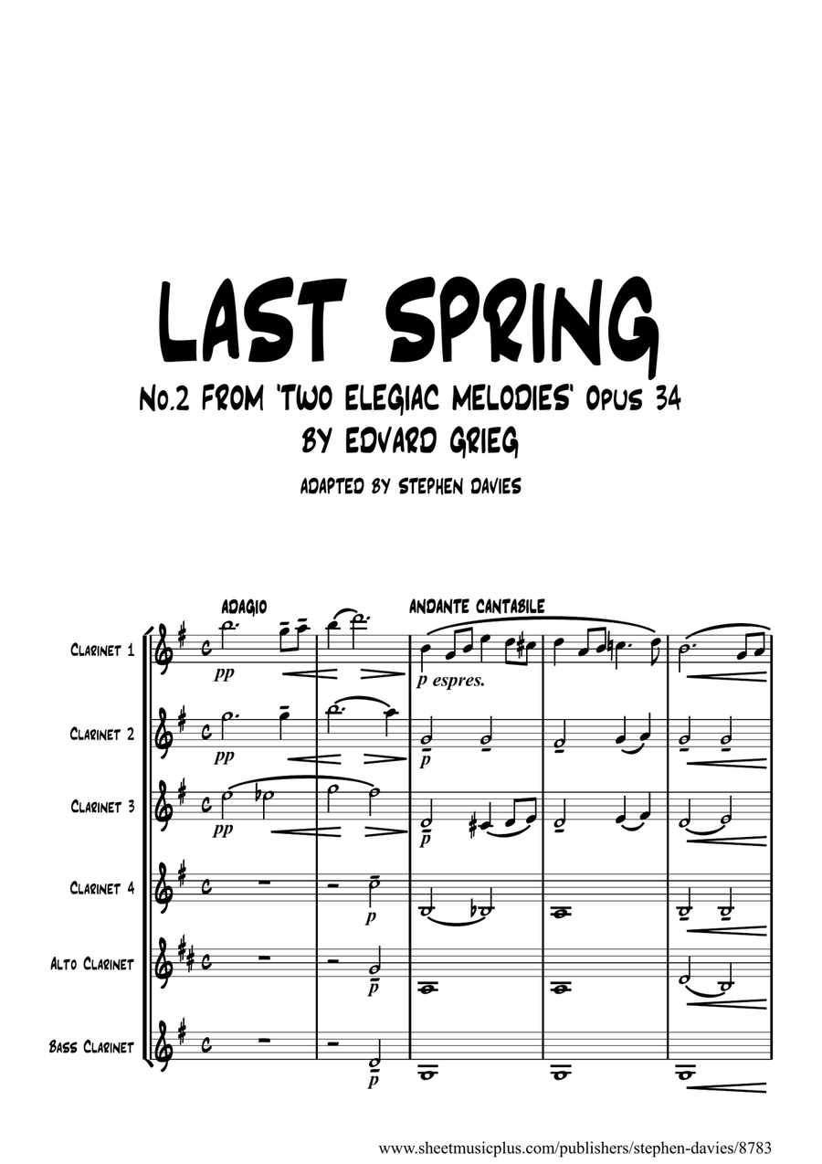 'Last Spring' by Edvard Grieg for Clarinet Sextet. Woodwind Ensemble scores gallery preview page 1