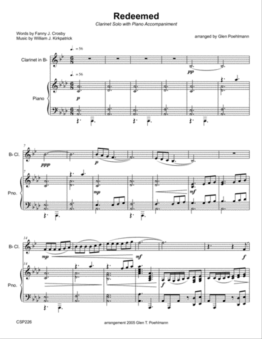 REDEEMED - CLARINET SOLO with Piano Accompaniment Clarinet Solo scores gallery preview page 1