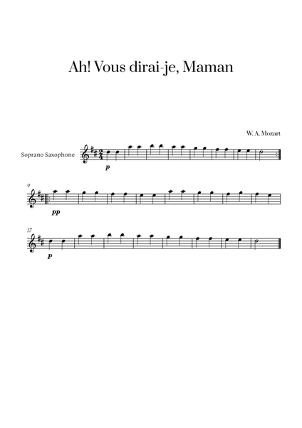 W. A. Mozart - Ah! Vous dirai-je, Maman for Soprano Saxophone Solo image number null