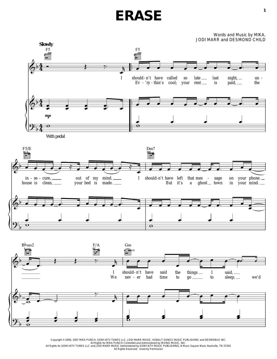 Erase Erase Piano, Vocal, Guitar scores gallery preview page 1
