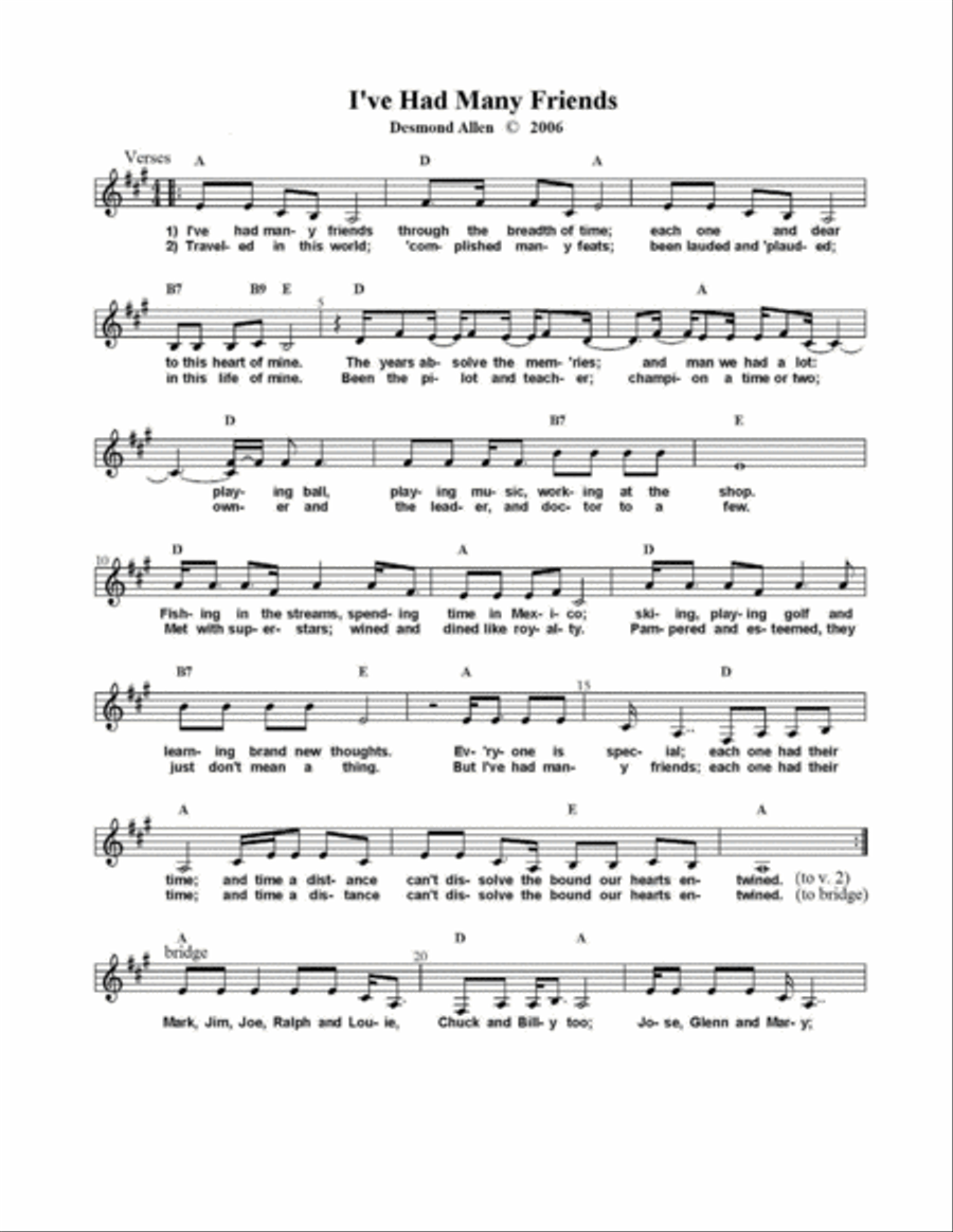 I've Had Many Friends by Desmond Allen Piano, Vocal, Guitar scores gallery preview page 1