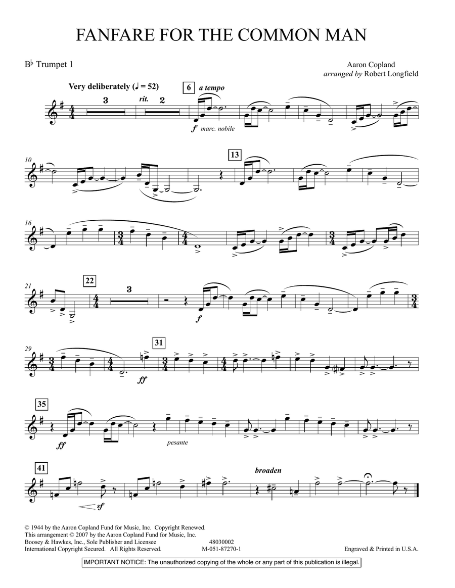 Fanfare For The Common Man - Bb Trumpet 1 Full Orchestra scores gallery preview page 1
