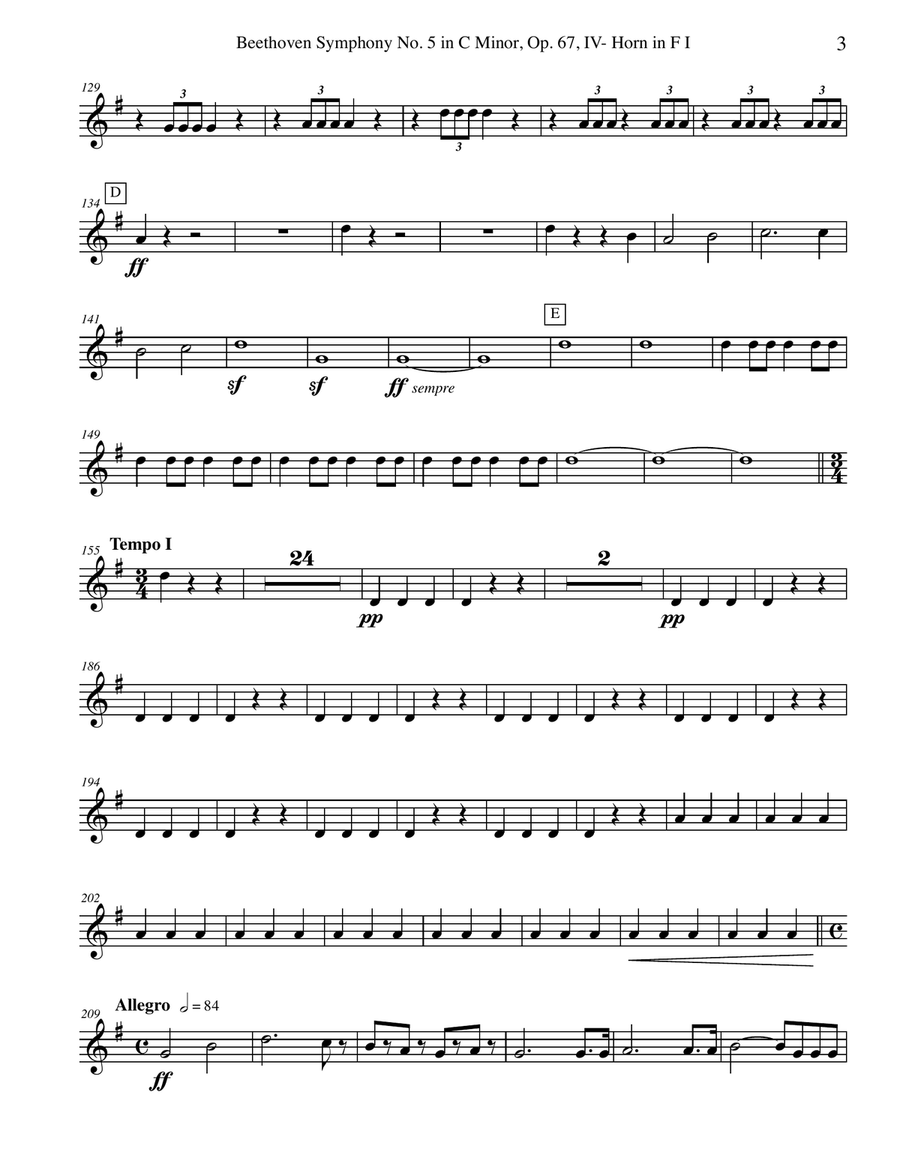 Beethoven Symphony No. 5, Movement IV - Horn in F 1 (Transposed Part), Op. 67 Horn Solo scores gallery preview page 3