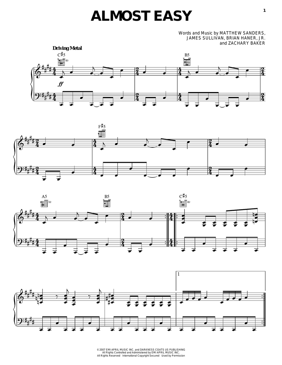 Almost Easy Piano, Vocal, Guitar scores gallery preview page 1