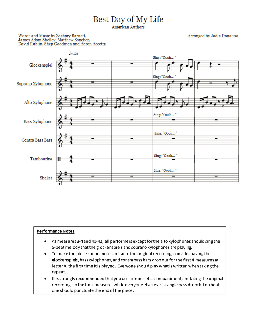 Best Day Of My Life Percussion Ensemble scores gallery preview page 1