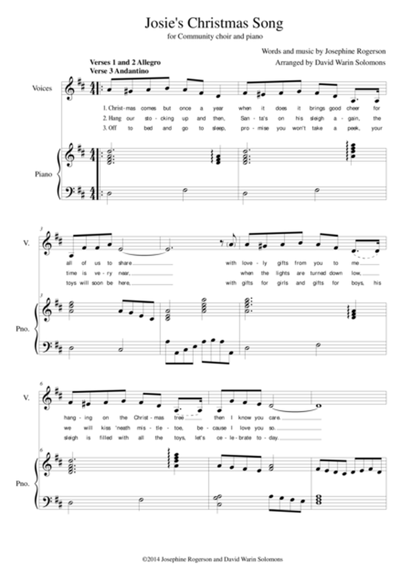 Josie's Christmas Song for unison choir and piano image number null