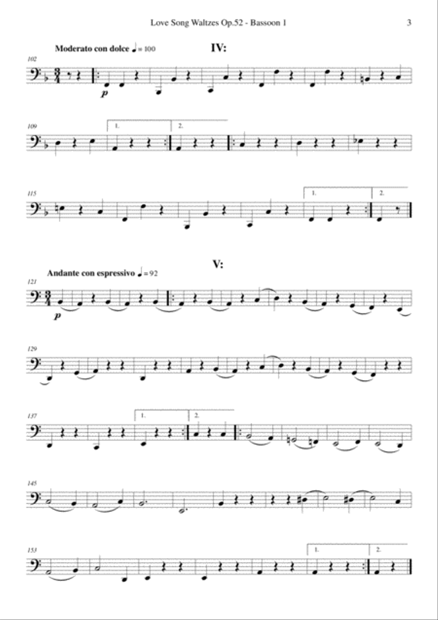 Brahms - Love Song Waltzes Op.52 for Choir and Chamber Orchestra - Bassoon 1 Choir scores gallery preview page 3
