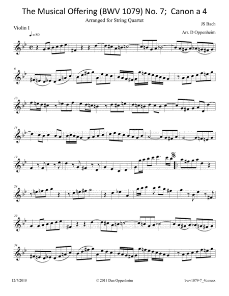 Bach: The Musical Offering (BWV 1079) No. 7 Canon a 4. arr. for String Quartet image number null