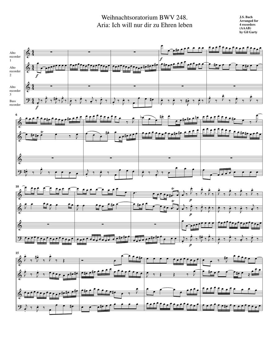 Aria: Ich will nur dir zu Ehren leben from Weihnachtsoratorium, BWV 248 (arrangement for 4 recorders Recorder scores gallery preview page 1