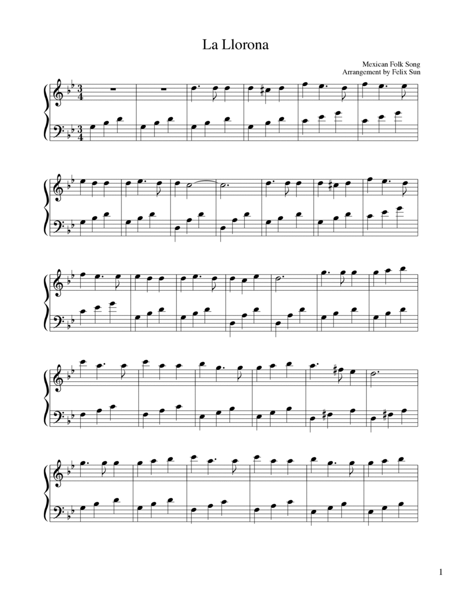 La Llorona (Beautiful Easy Piano Solo) - Mexican Folk Song La Llorona (Beautiful Easy Piano Solo) - Mexican Folk Song Easy Piano scores gallery preview page 1