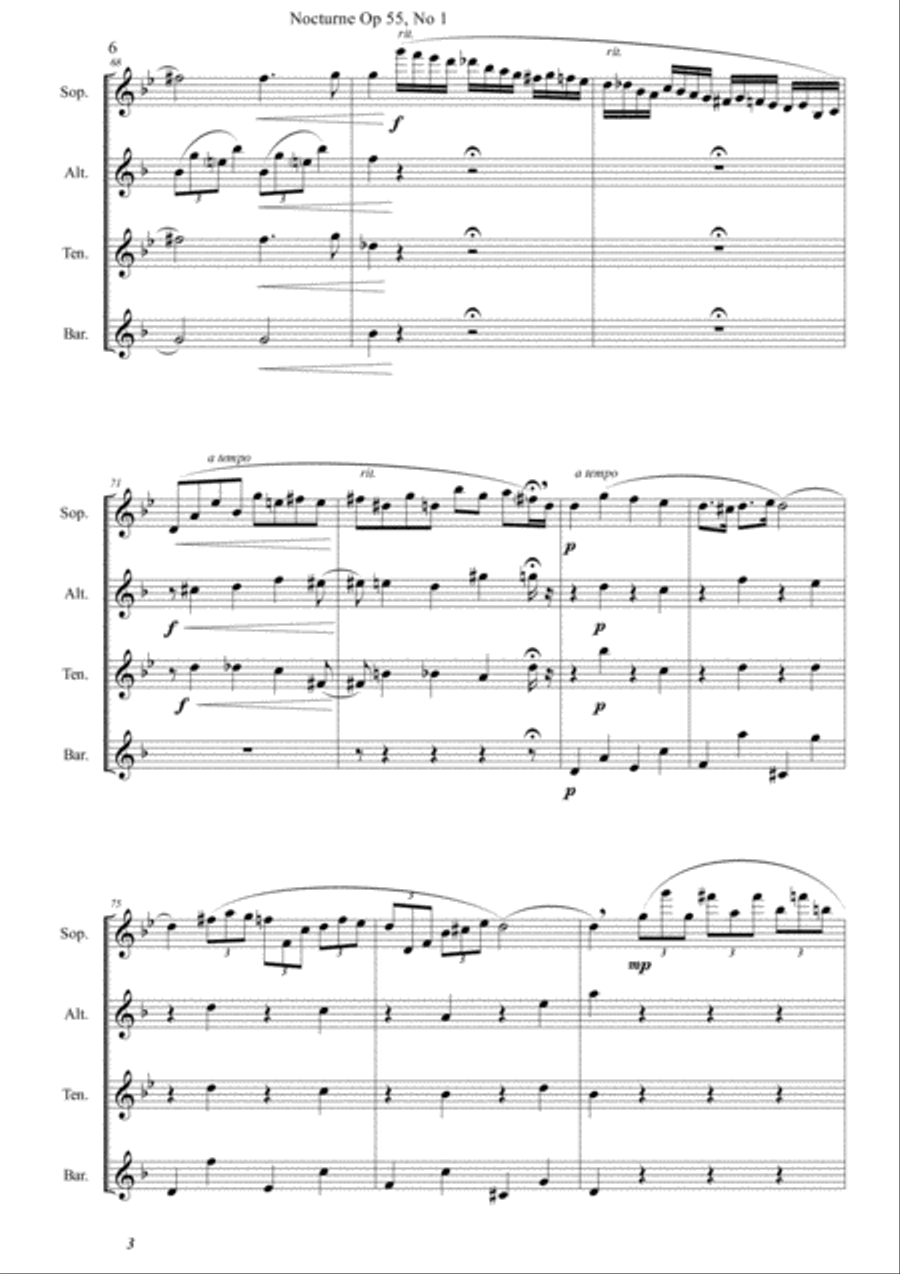 Nocturne - F. Chopin (Op55 N1) for SAX Quartet (SATB) Saxophone Quartet scores gallery preview page 6