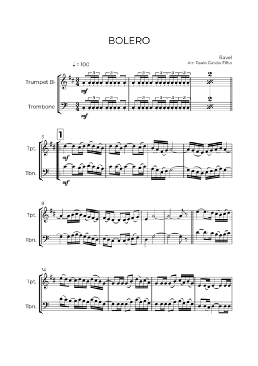 BOLERO - RAVEL - TRUMPET & TROMBONE Brass Duet scores gallery preview page 2