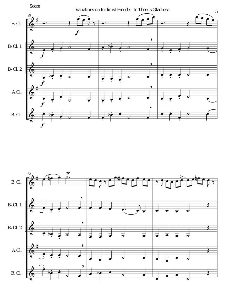 In dir ist Freude (In Thee is gladness) for clarinet quintet (E flat, 2 B flats, Alto, Bass) Clarinet Quintet scores gallery preview page 5