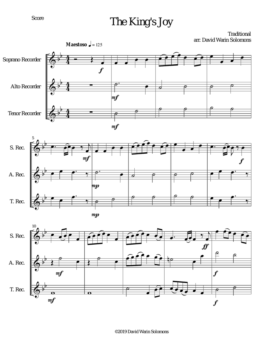 The King's Joy for recorder trio (soprano, alto, tenor) Soprano Recorder scores gallery preview page 1