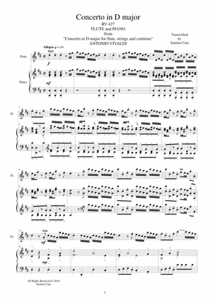 Book cover for Vivaldi - Concerto in D major RV 427 for Flute and Piano